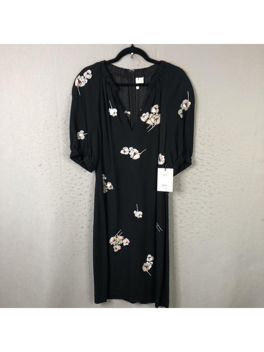 Lewit Dress Womens 12 Black Floral Embroidered Midi Shift V Neck Puff NEW